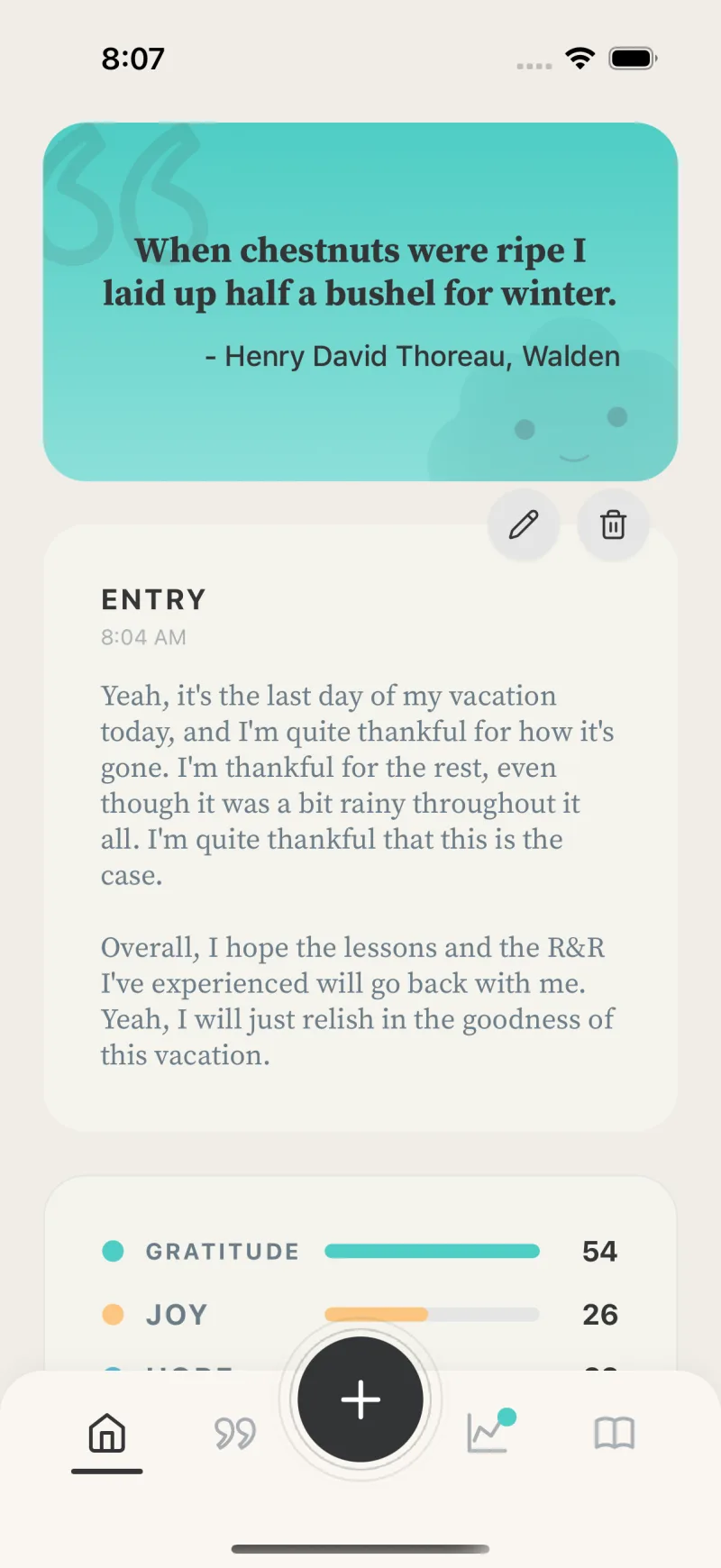 The Emochi home screen: a daily quote, today's journal entry and its top emotions