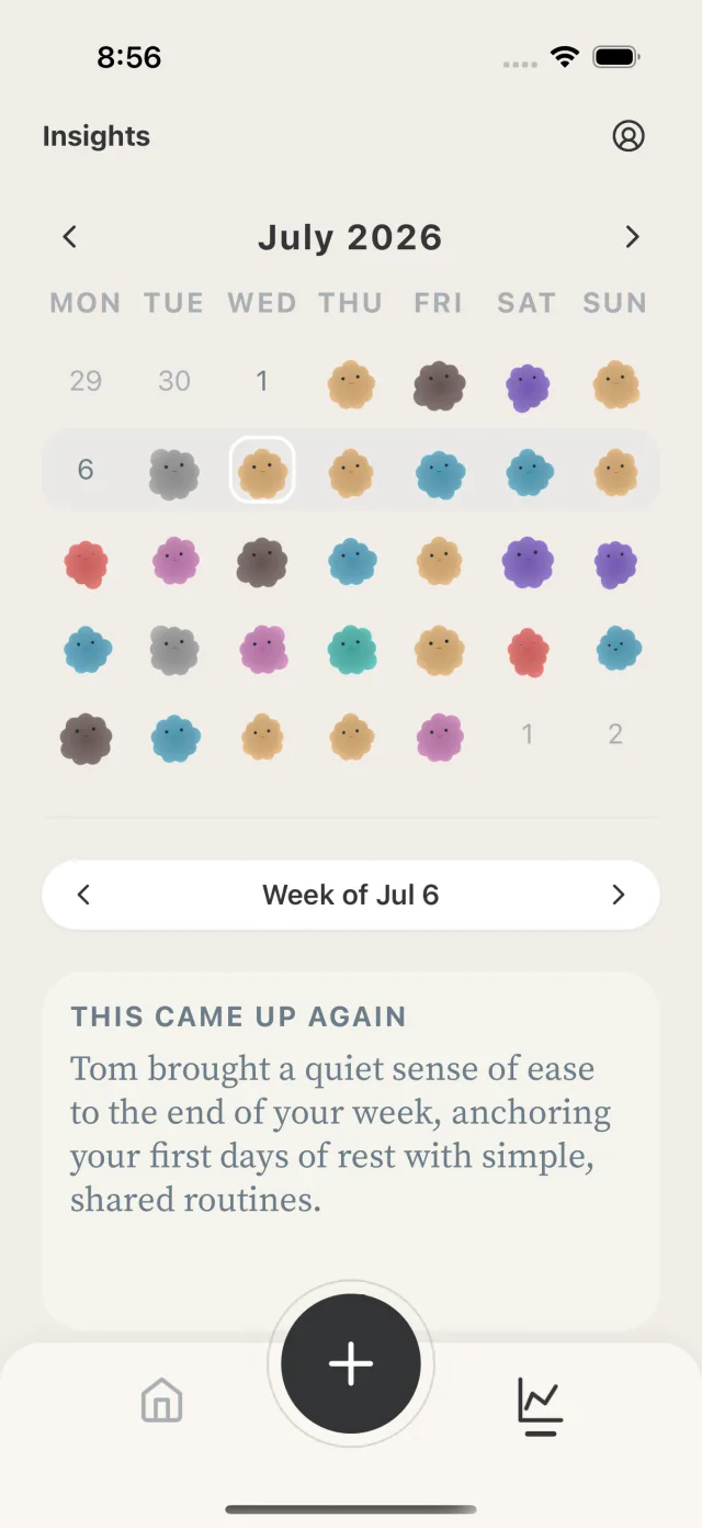 The Emochi insights calendar, a month of days each shown as its own Mochi