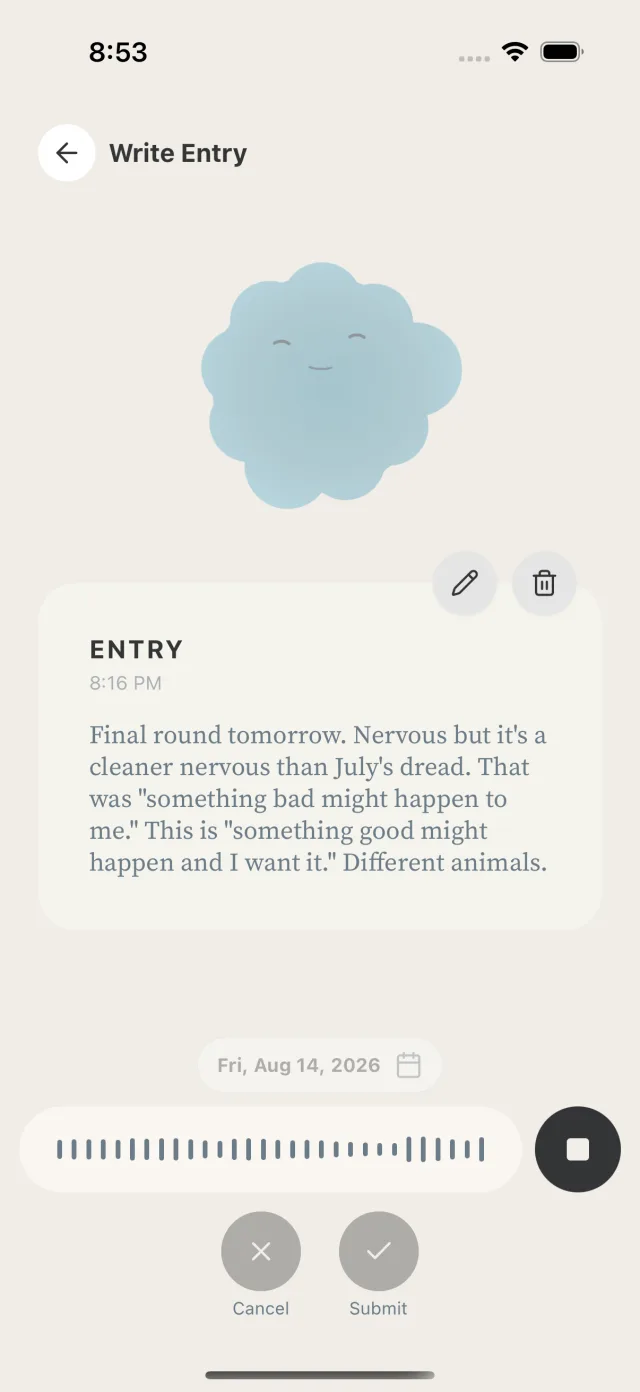 Writing a journal entry in Emochi, with a recording bar and an editable transcript